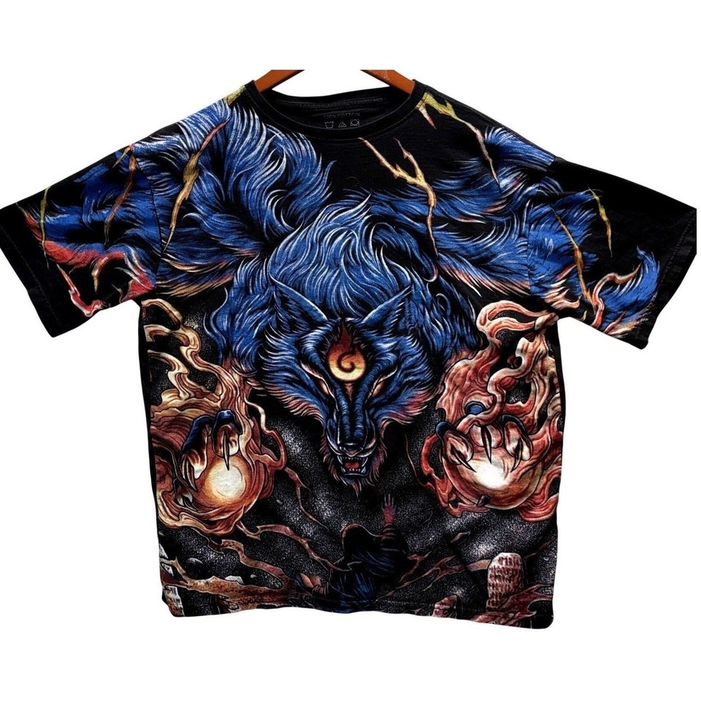 TCP Blue Wolf Fire Graphic T-Shirt Short Sleeve Mens L Black Mystical Vibrant